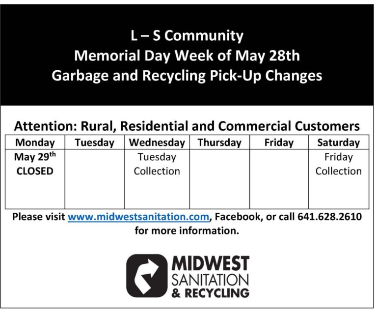 Memorial Day Garbage Pickup Change Sully Iowa