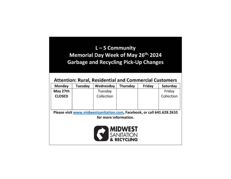 Garbage Pickup Change for Memorial Day Sully Iowa