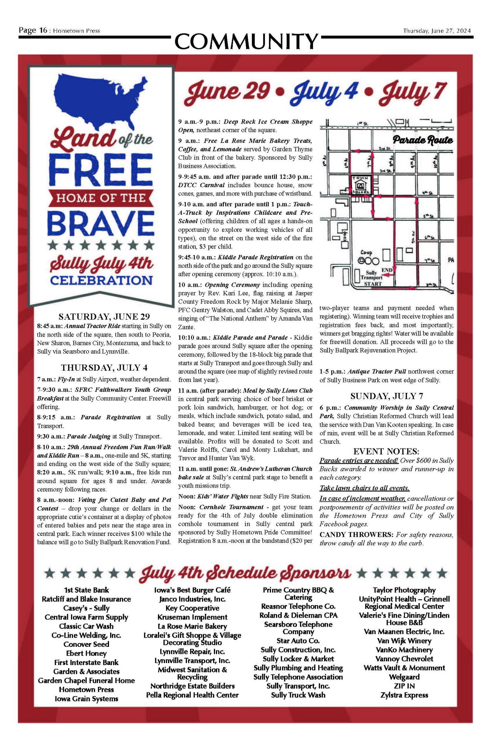 July 4th Schedule Sully Iowa