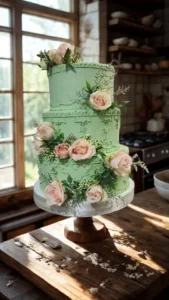 A tall cake with green frosting